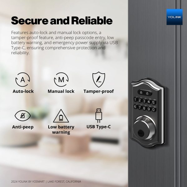 YoLink Smart Deadbolt Lock with Keypad, Fob & App Control, Keyless Entry, Multiple Unlock Methods, Secure & Reliable, Alexa, Google, IFTTT, Home Assistant Compatible, YoLink Hub Required For Sale - Image 3